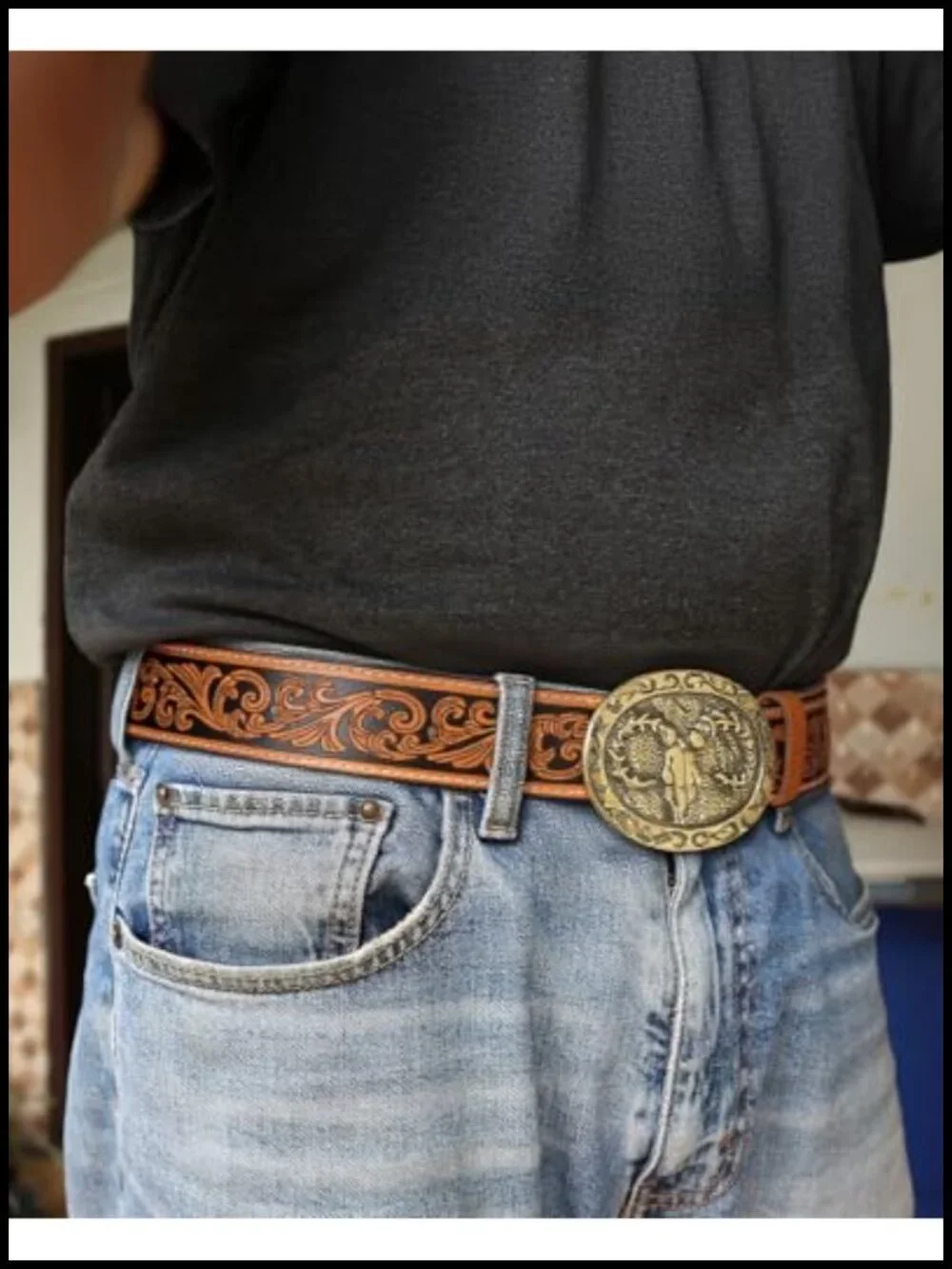 Western Leather Belt Strap 2 Pack, Embossed Cowboy Belt, Snap Closure,